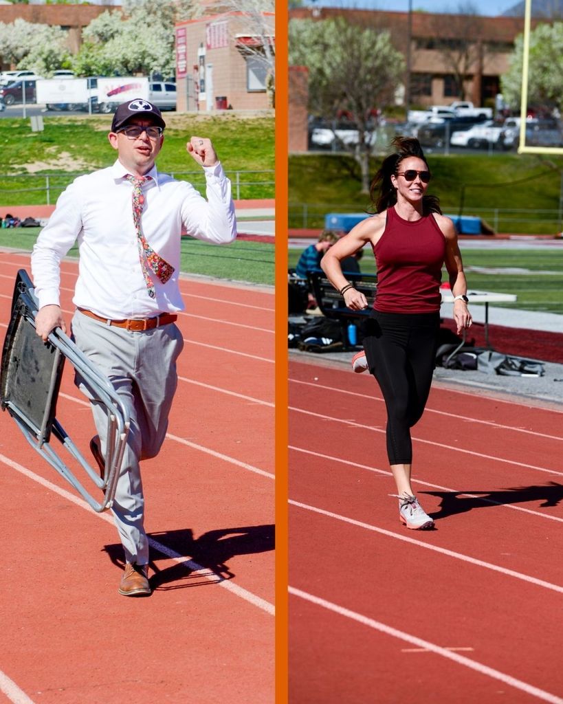 Track coaches running on the track