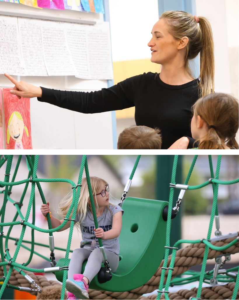 A collage of two photos. The top photo is of a parent pointing at a paper that she is reading. The bottom is of a student playing on a rope playground.