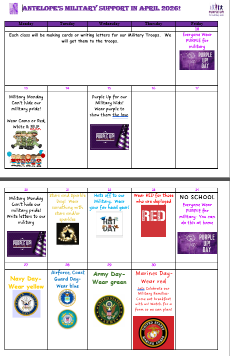Here is our Military Week Spirit Days.