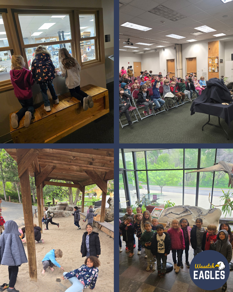 A four-photo collage showing a 1st grade field trip to a dinosaur park. Top left: several students kneel on a wooden bench and look through a large window into an exhibit space. Top right: a group of students sit on folding chairs in an indoor presentation room facing the front. Bottom left: students explore an outdoor sandy area under a wooden pavilion. Bottom right: a group of students stands indoors next to a large dinosaur fossil display and life-size dinosaur model. A “Wasatch Eagles” logo appears in the bottom right corner.