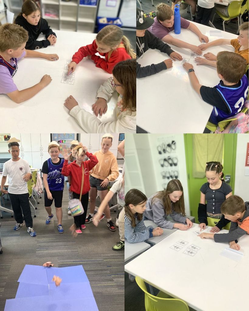 Students work in groups at tables completing a Boston Tea Party themed escape room. They read cards, organize events in order, and solve clues together. One group celebrates by tossing “tea” onto a blue paper “harbor” on the floor.