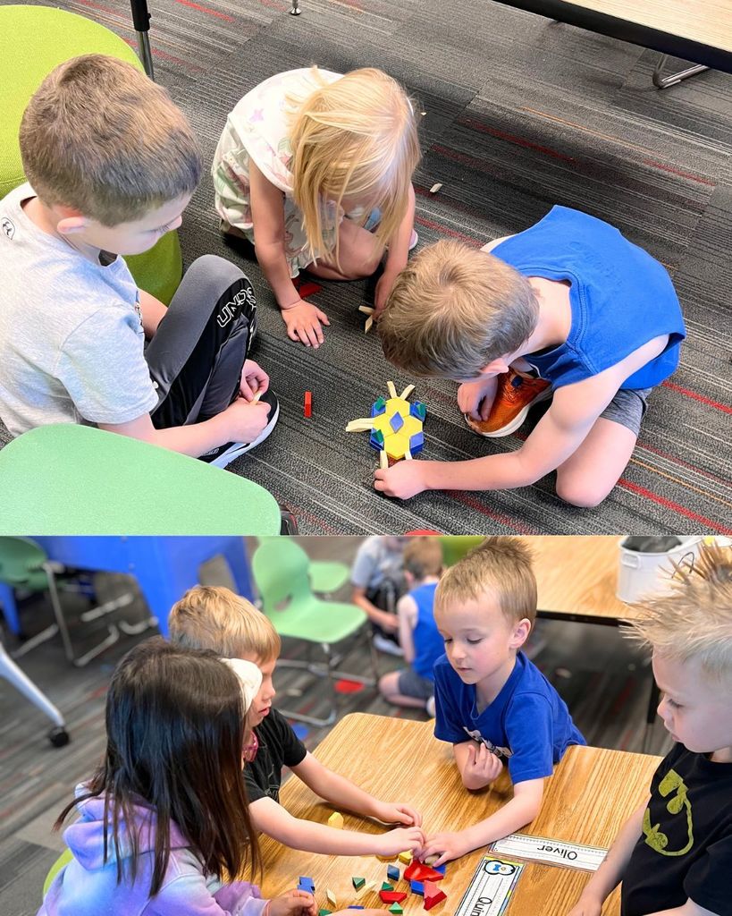 Students sit in small groups on the floor and at desks, working together with colorful pattern blocks to build shapes and designs. They are focused and collaborating, using all pieces to create pictures during a hands-on math activity.
