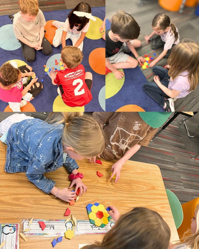 Students sit in groups on a colorful rug and at desks using pattern blocks to build designs. They collaborate closely, sharing pieces and problem-solving together as they create different shapes and pictures.