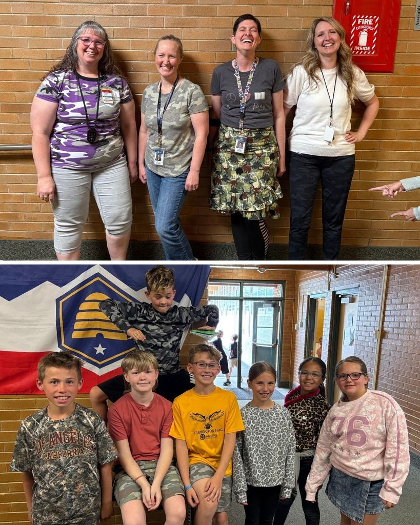 Photo collage of students and staff wearing camouflage