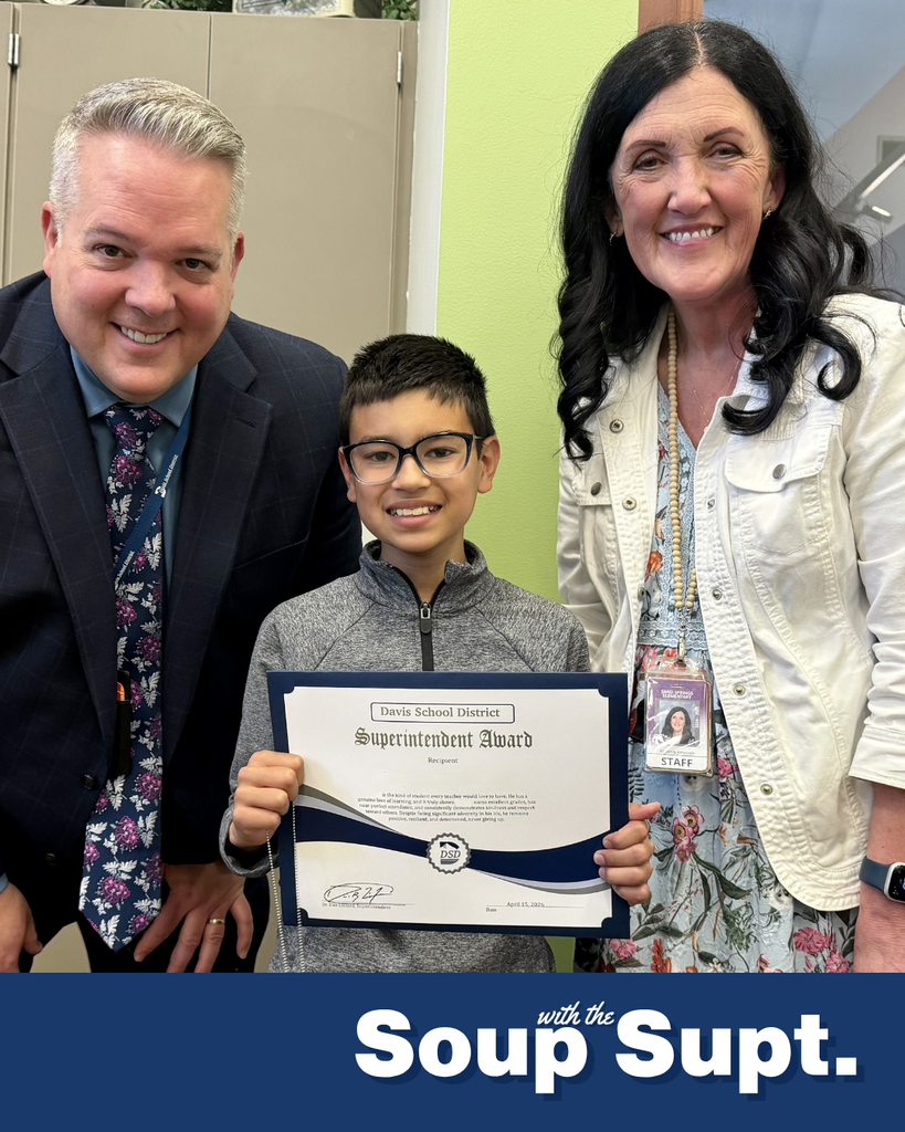 A student smiling with their principal and Dr. Linford, Davis School District Superintendent for Soup with the Supt. 