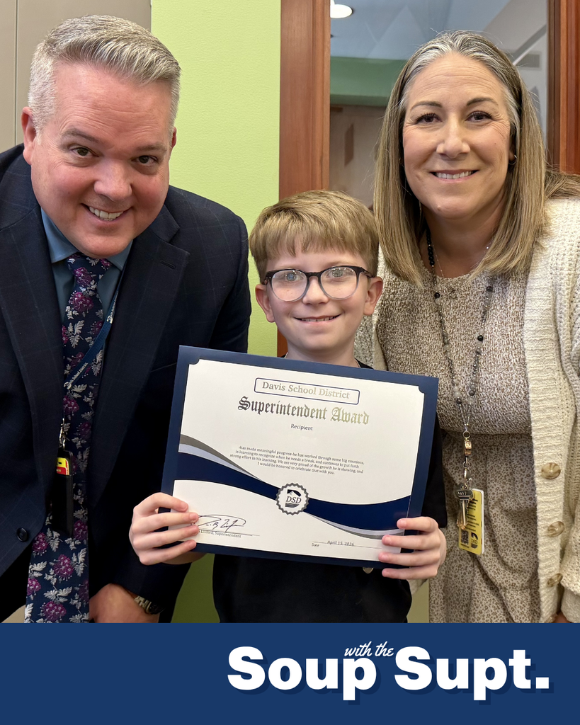 A student smiling with their principal and Dr. Linford, Davis School District Superintendent for Soup with the Supt. 