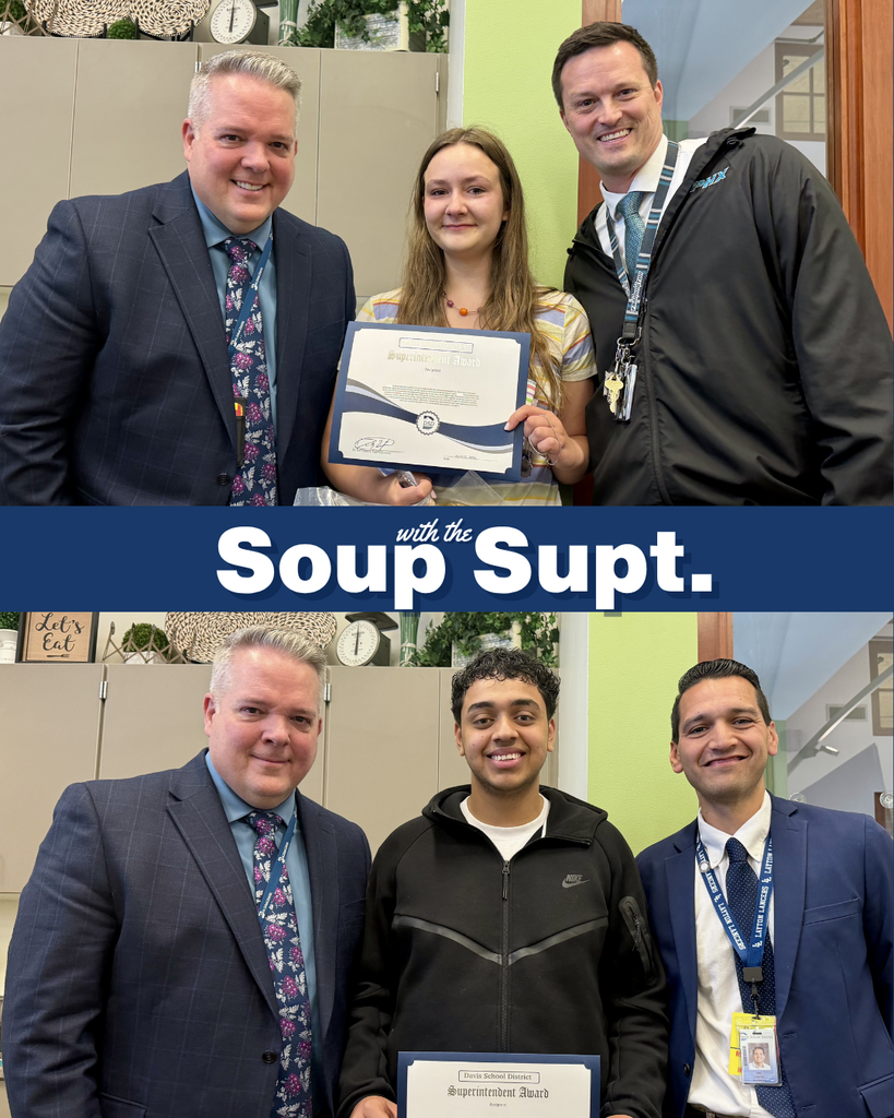 Student smiling with their principasl and Dr. Linford, Davis School District Superintendent for Soup with the Supt. 