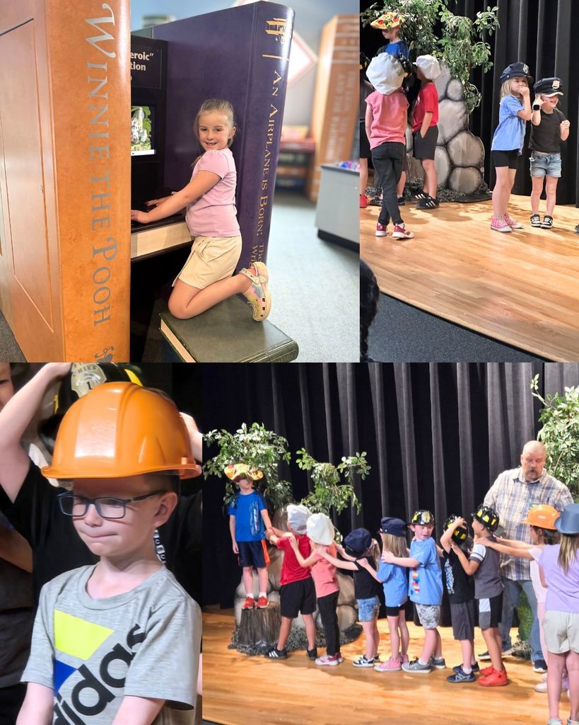 A collage of a classroom performance. A group of young children stand on a stage wearing various hats and costumes while an adult guides them. Additional close-ups show kids interacting, including one wearing a pizza-themed hat and another in a space helmet.