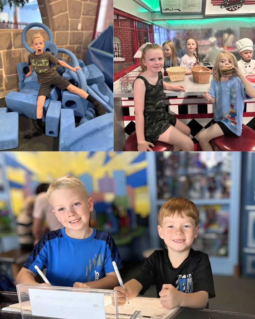 A collage of young children playing and learning. One child sits in a blue foam play structure with a surprised expression. Another scene shows kids sitting at a diner-style play area, pretending to eat. Two boys smile while writing at a table in a colorful indoor sp