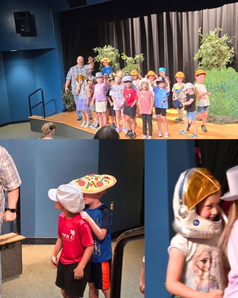 A collage featuring children exploring and performing. One child poses inside a large book display. Other images show a group of kids on a stage wearing hats and costumes, participating in a playful performance with an adult nearby.