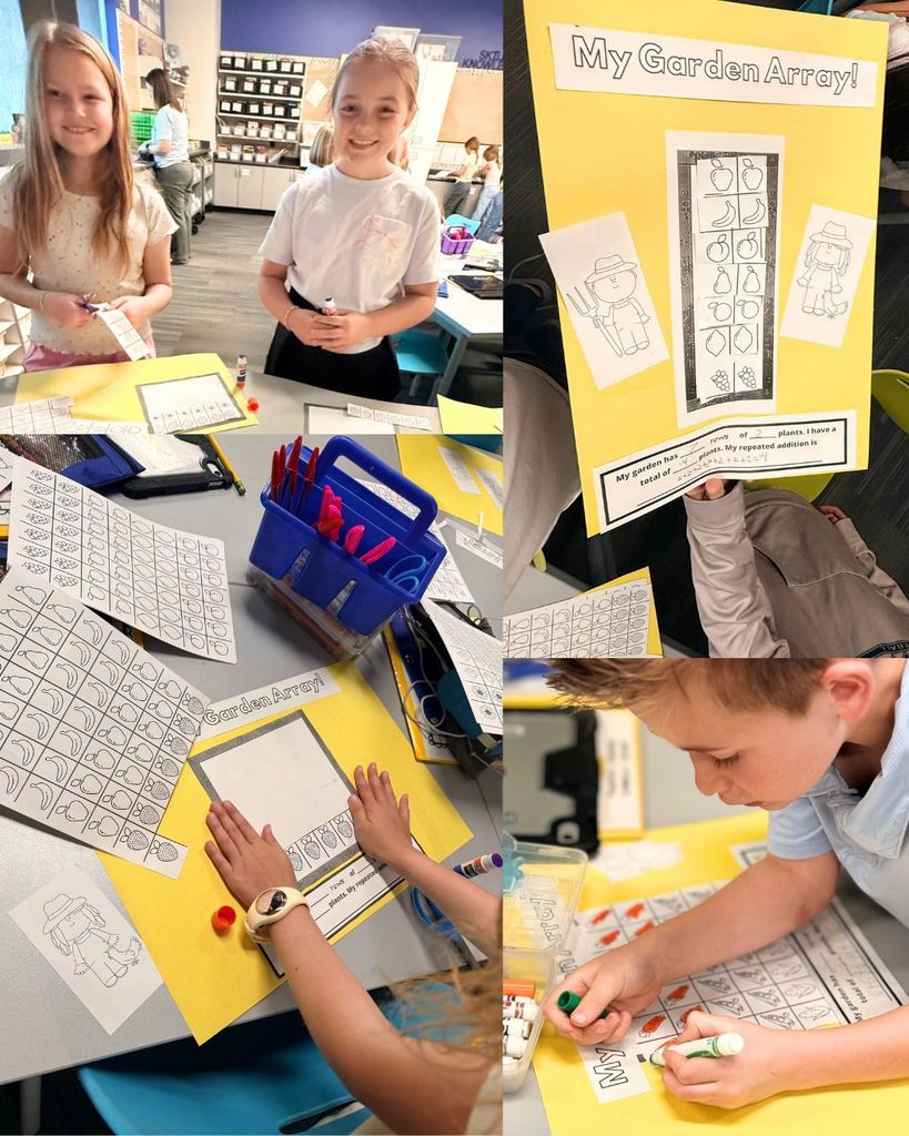 A collage of students working on a “My Garden Array” math and art project. Children cut, glue, and color pieces on yellow paper, creating organized arrays of fruits and vegetables while working at classroom tables.