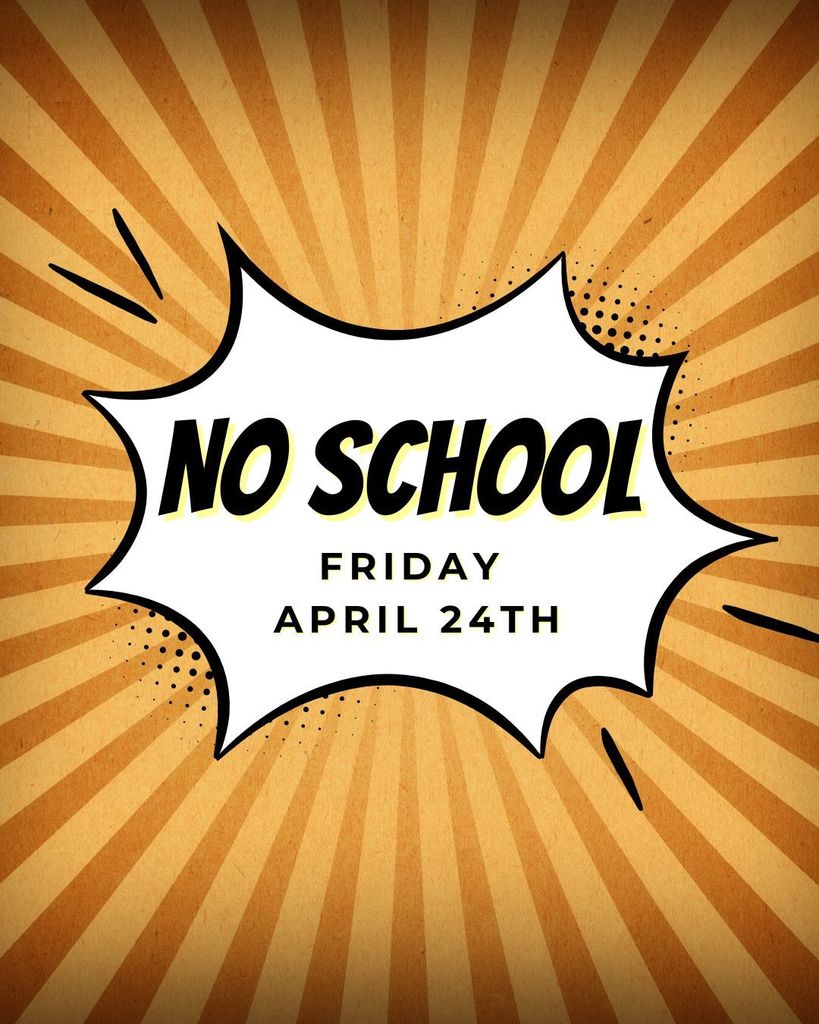 Orange and brown striped background, word bubble in white with black letters that say no school.