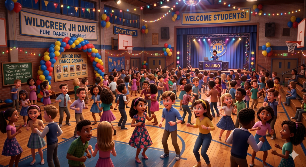 Pixar style picture of a school dance in the gym.