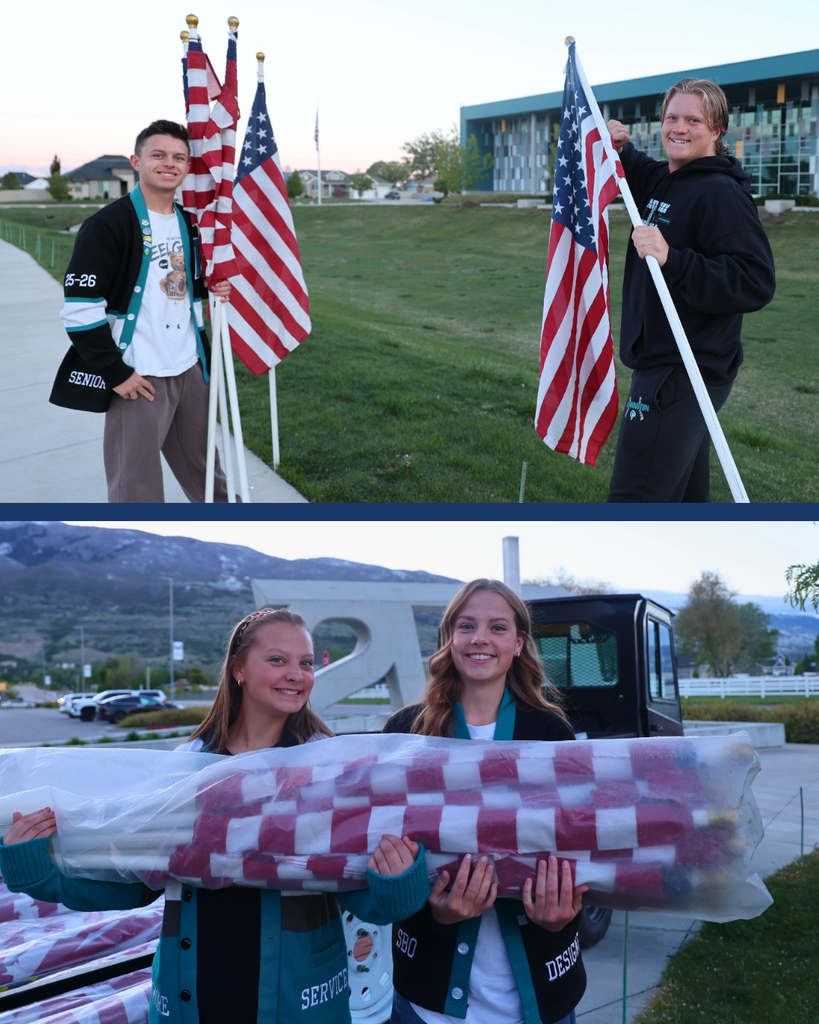 A collage of two images of students holding full-size flags and setting them up. 