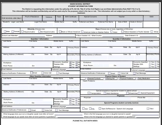 Picture of the form needed to fill out for students attending Sunset El,