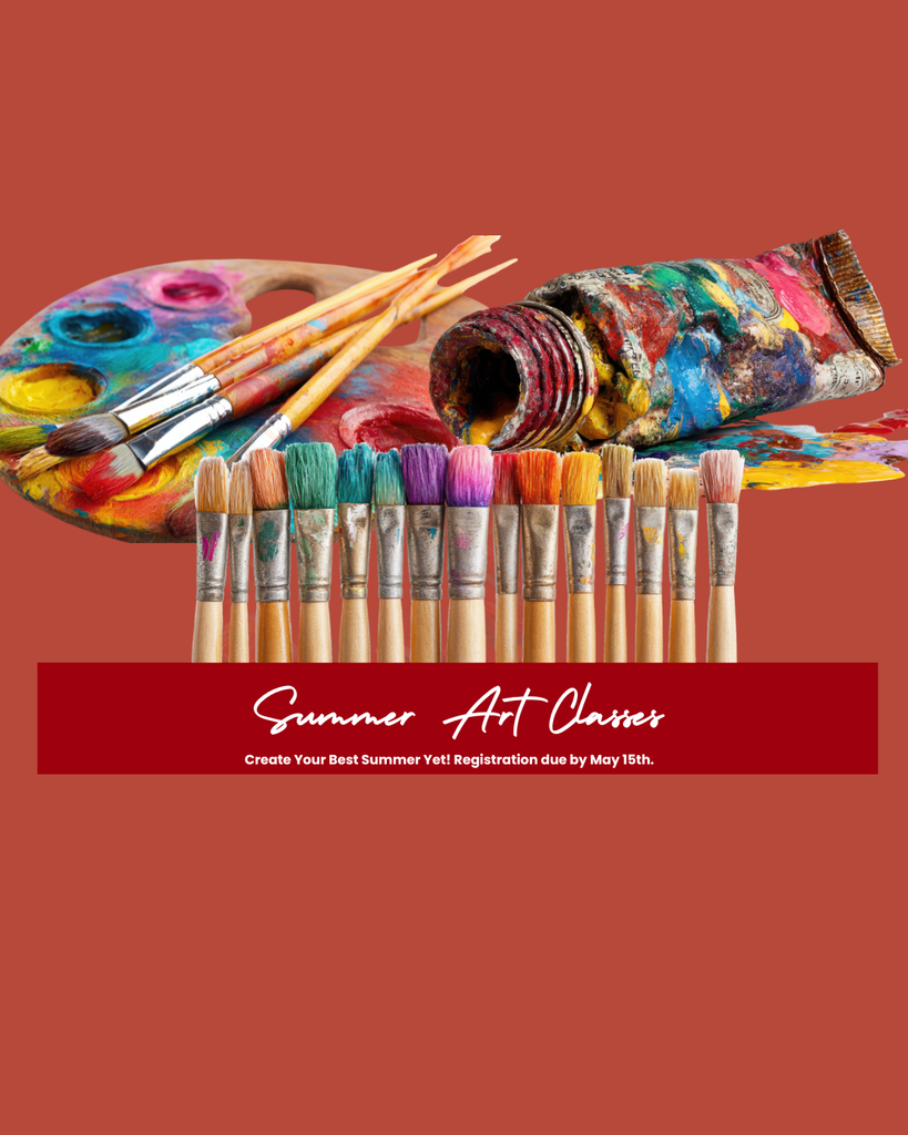Art supplies on a flyer advertising summer art classes
