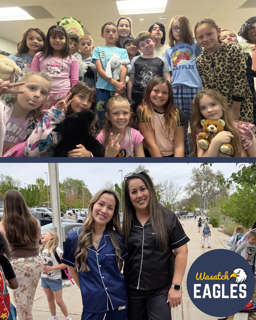 Collage with two photos. The top photo shows a group of elementary students standing together indoors, many wearing pajamas and holding stuffed animals. The bottom photo shows two adults wearing pajama outfits standing on a school sidewalk while students with backpacks walk in the background. A Wasatch Eagles logo appears in the bottom right corner.