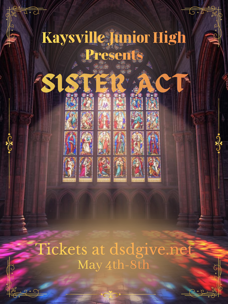 image of a religious stained glass window with saints. reflection of window is on the floor, pillars with arches. Kaysville Junior high presents sister act tickets at dsdgivel.net may 4th - 8th