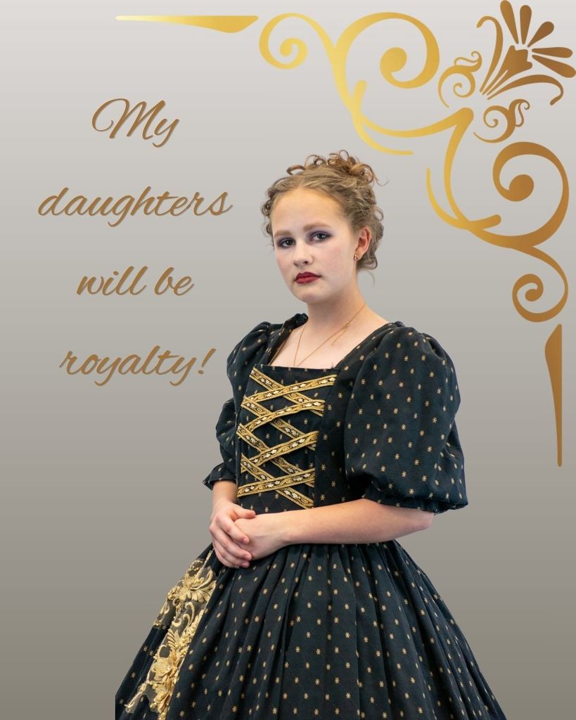 A student dressed as the evil stepmother from the play Cinderella stating "My Daughters will be royalty."