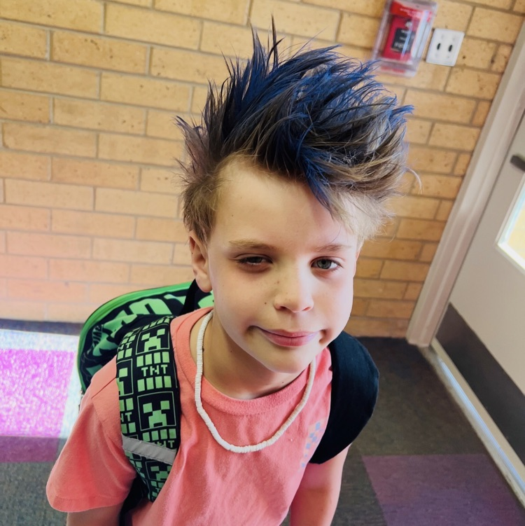 2nd graders showing their crazy hair styles for an ABC countdown end of year activity 