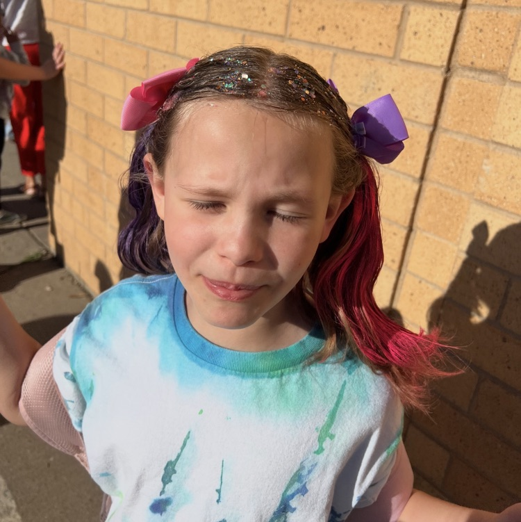 2nd graders showing their crazy hair styles for an ABC countdown end of year activity 