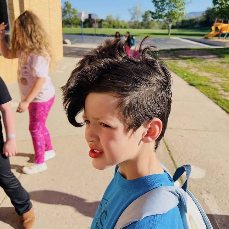 2nd graders showing their crazy hair styles for an ABC countdown end of year activity 