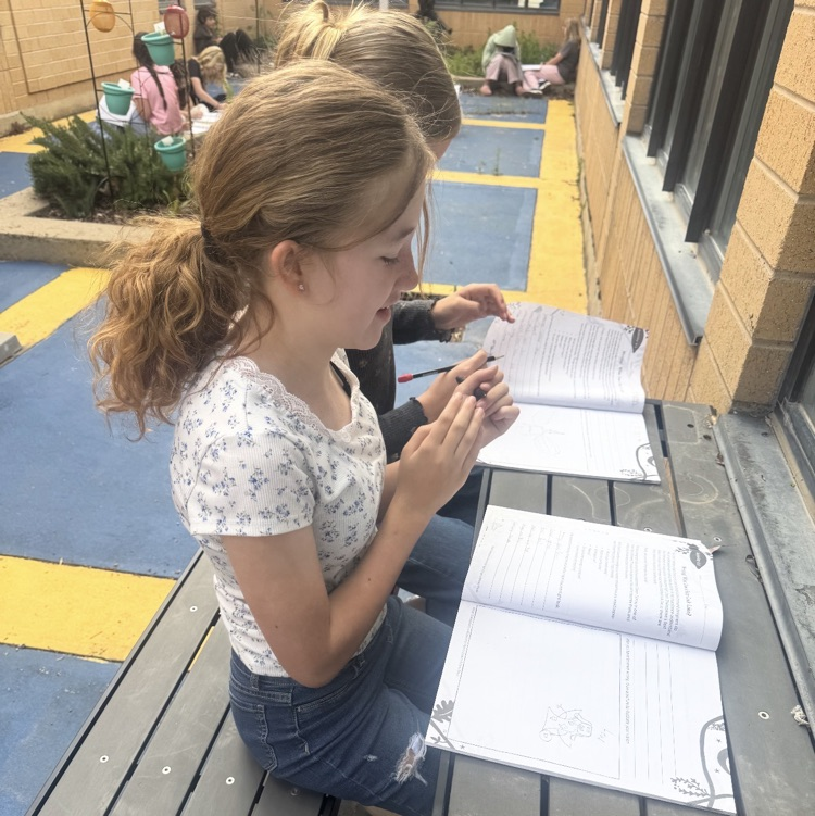 students working on their assignment outside 