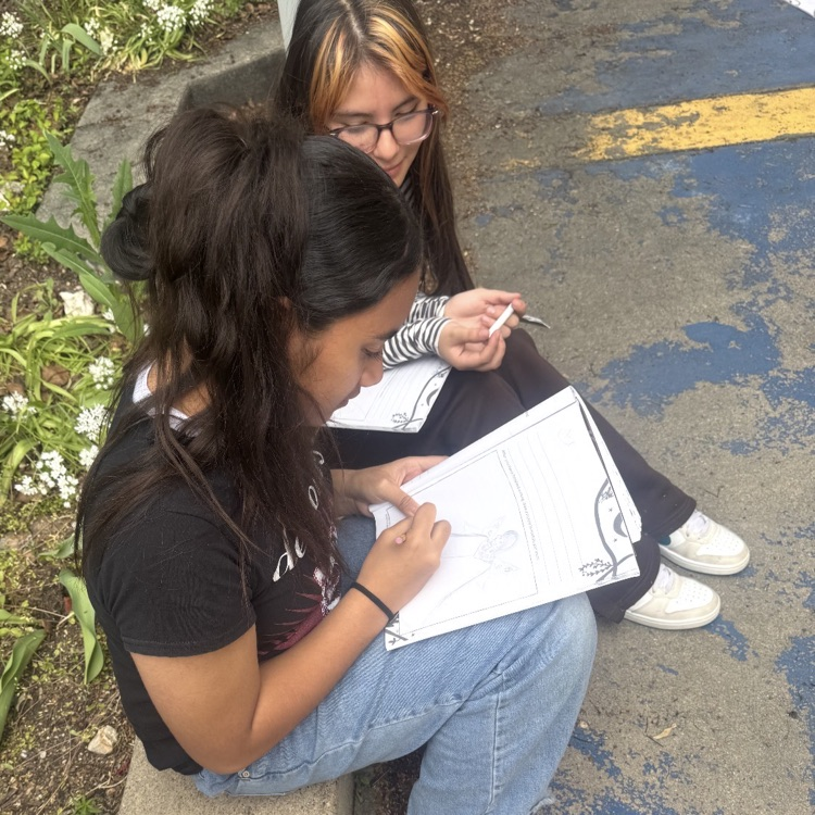 students working on their assignment outside 