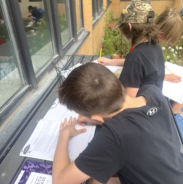 students working on their assignment outside 