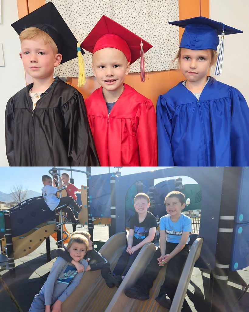 Three young children wearing colorful graduation caps and gowns pose indoors, while below, a group of kids play together on a playground, smiling and climbing on slides and equipment in the sunshine.
