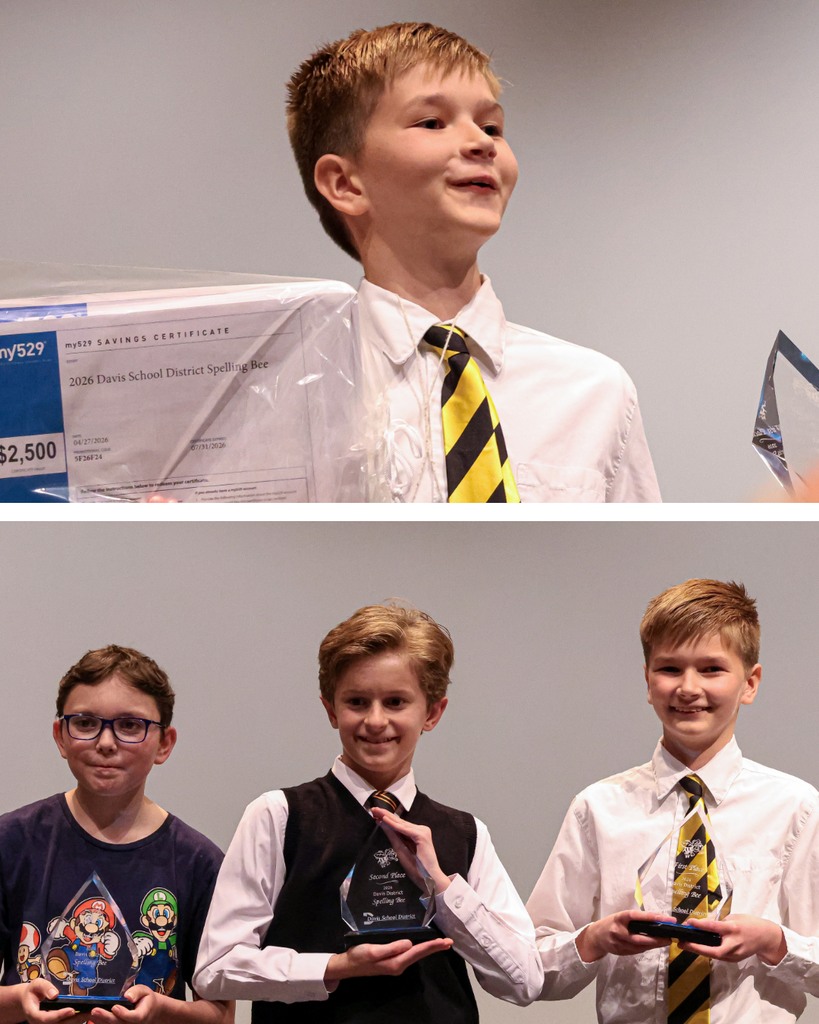 A collage of two photos. The top photo is of the DSD spelling Bee Winner smiling and the bottom photo is of the top 3 Spelling Bee winners posing with their trophies. 