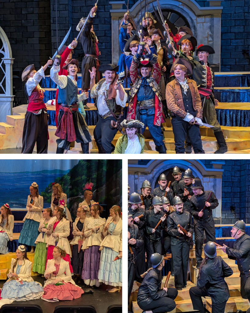 Collage of three scenes from Pirates of Penzance during the live show