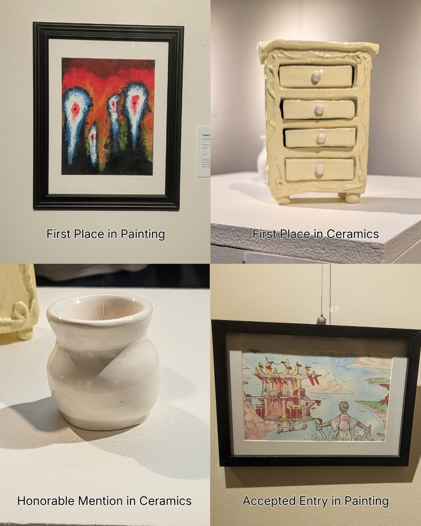 Four student art submissions, two 2D art, and two 3D art,  for the Davis District  art show 
