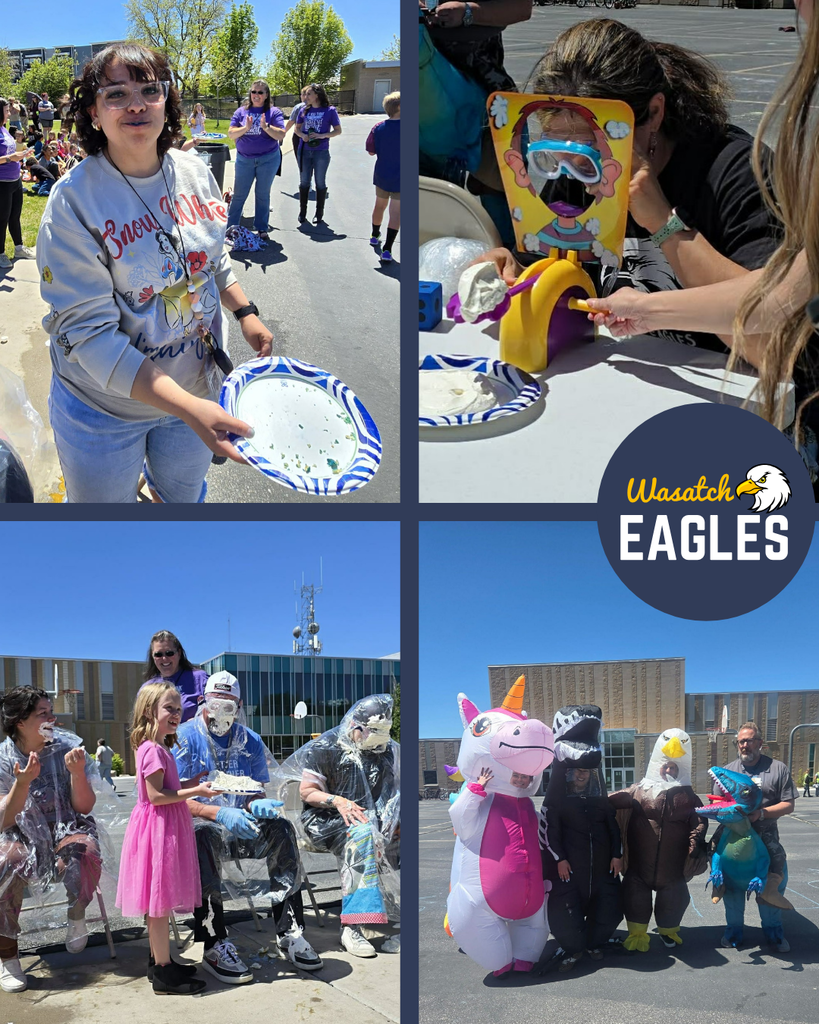A four-photo outdoor school event collage. Images include an adult holding an empty paper plate on the playground, a child operating a pie-in-the-face game aimed at an adult wearing goggles, adults seated in ponchos as a child participates in a pie activity, and several adults posing together in inflatable costumes such as a unicorn, dinosaurs, and an eagle in front of a school building.