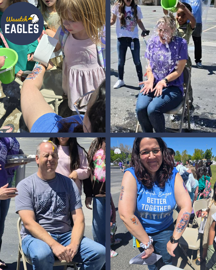 A multi-photo collage from a school Fun Run celebration showing students and adults participating in reward activities outdoors. Images include children applying temporary tattoos to an adult’s arm, a student pouring water from a green bucket onto a seated adult, adults seated for egg and pie activities, adults posing in inflatable costumes, and staff displaying temporary tattoos. Wasatch Eagles logos appear on some images, with school buildings, trees, and playground equipment visible under a clear blue sky.