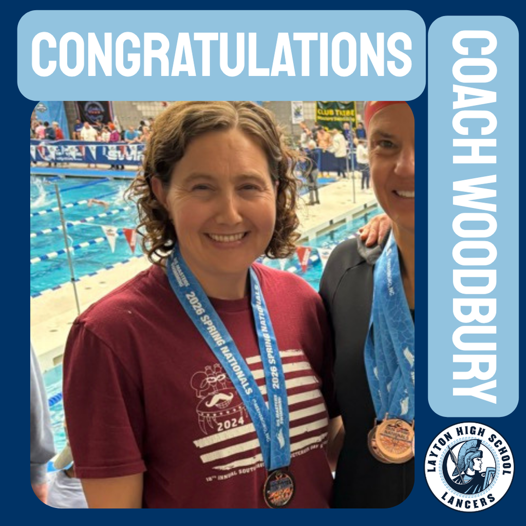 picture of coach woodbury wearing a medal in front of a pool with caption that says Congratulations Coach Woodbury