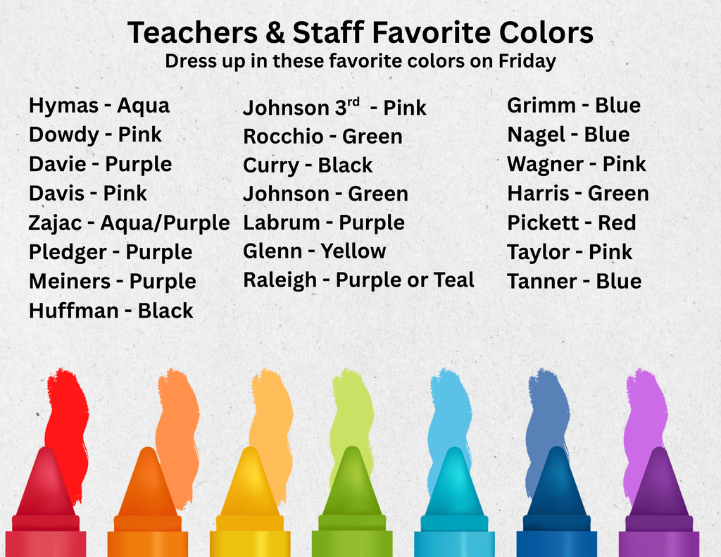 Flyer listing all the teachers and staff's favorite colors.