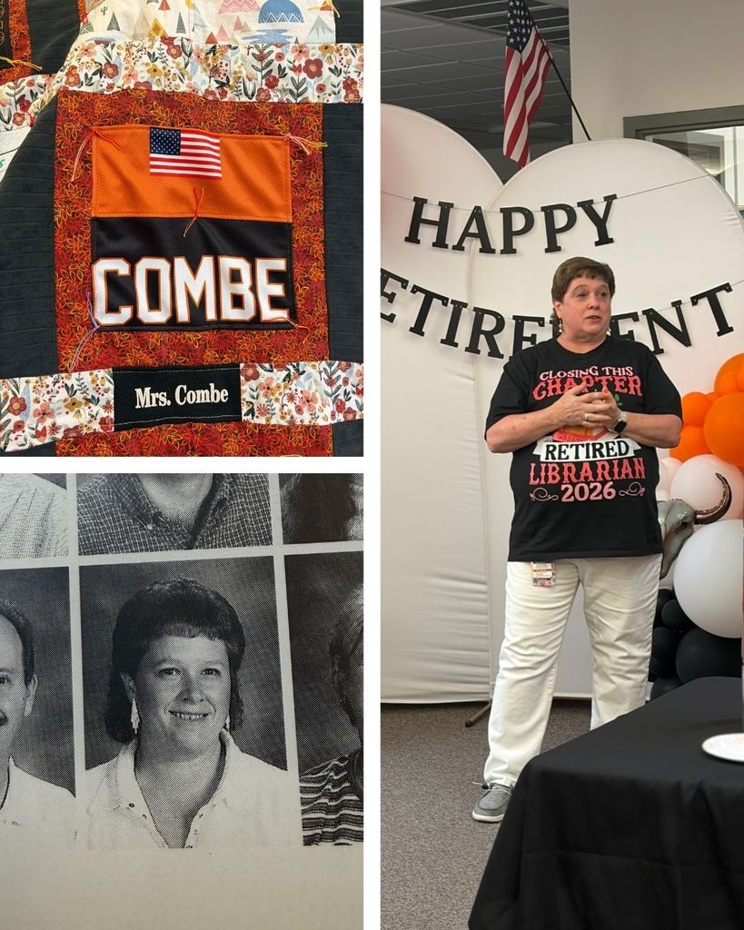 Ms. Combe the Librarian's name on a blanket, her school picture in black and white from an old yearbook and her standing in front of a happy retirement sign
