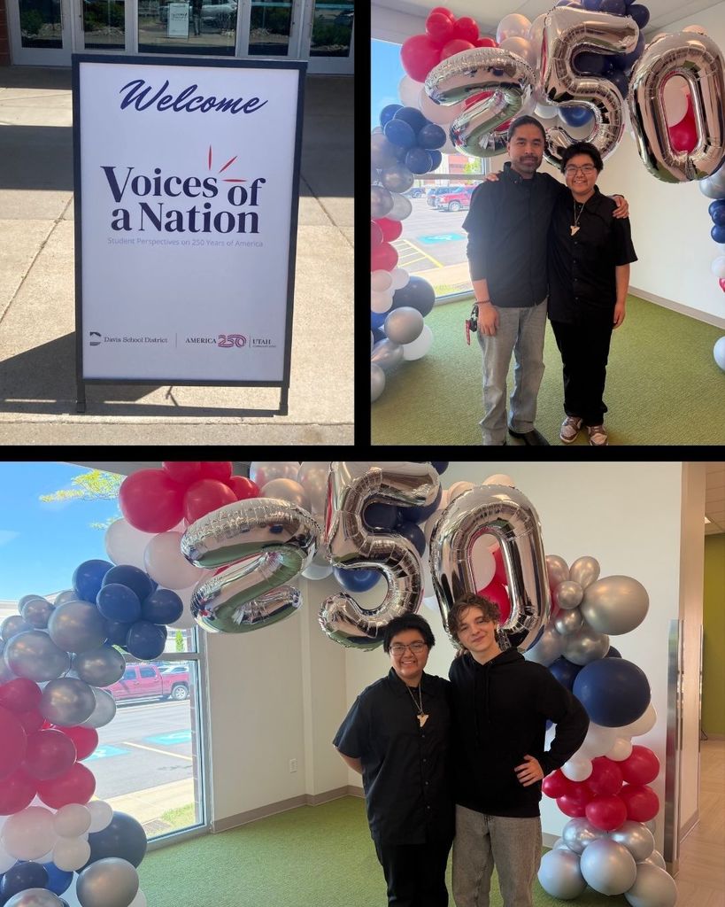 Students stand in front of a balloon arch with 250 celebrating voices of a nation celebration of the 250 anniversary of the U.S. 