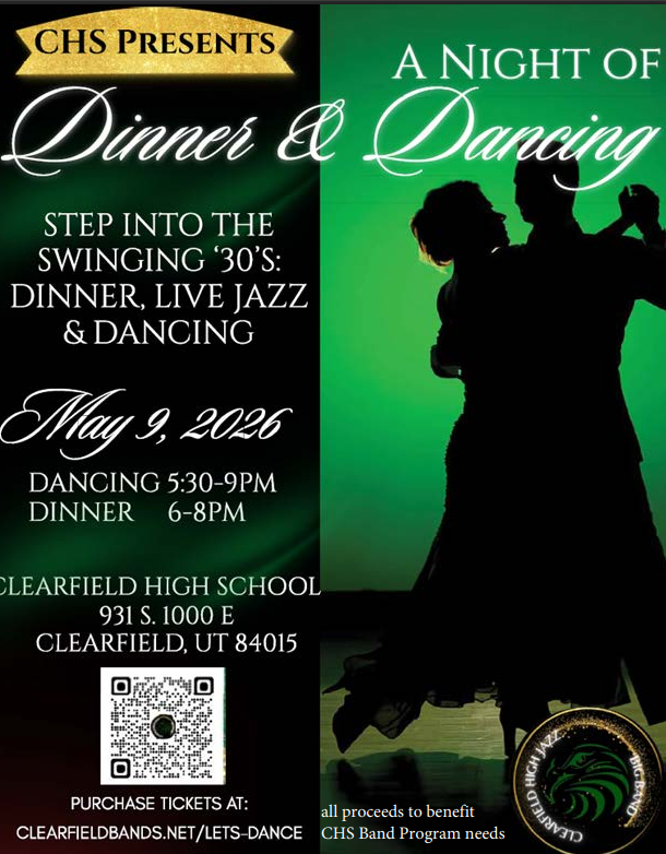 Dinner and Dancing Band Fundraiser, Saturday, May 9th 6:00-9:30 pm. Scan the QR code to purchase tickets.