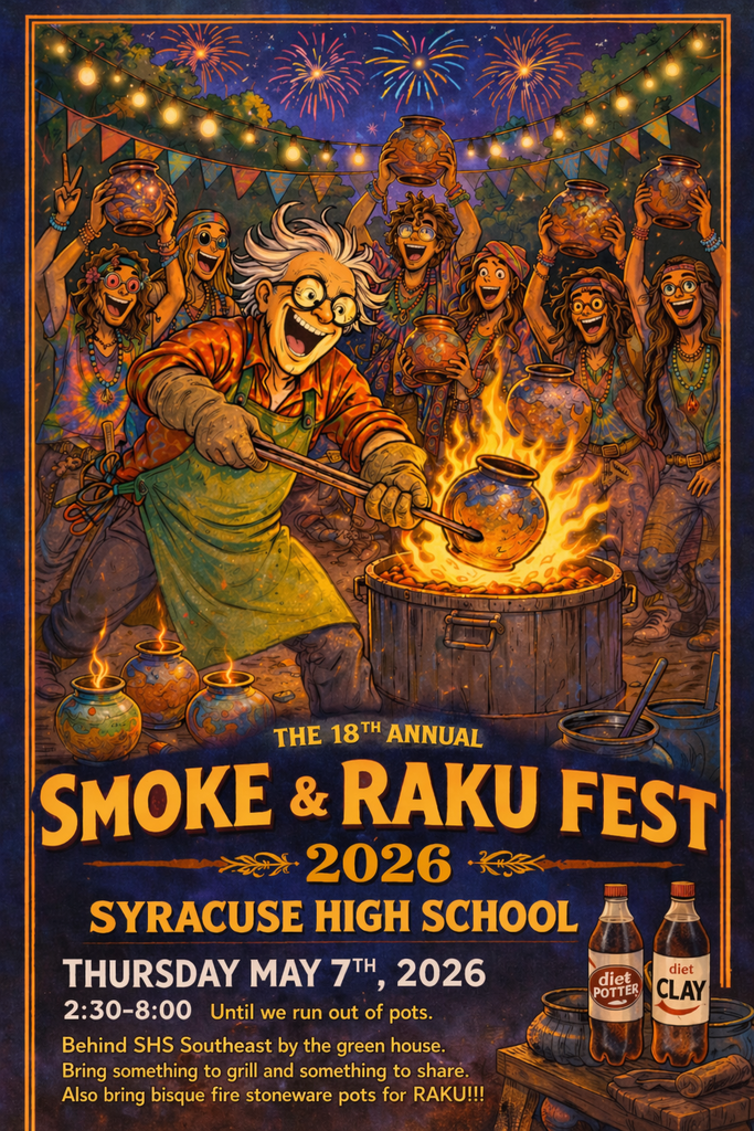 An illustration of someone firing a pot surrounded by people smiling holding up their own pots with fireworks in the background.