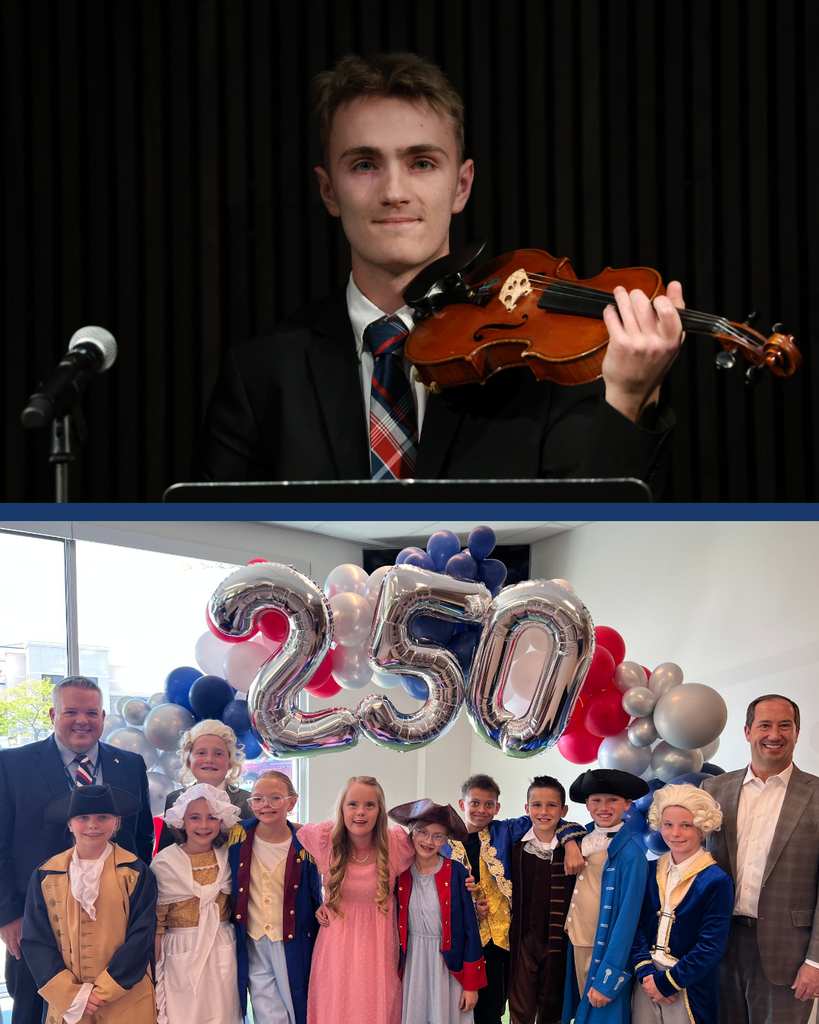 A collage of two images from the DSD America 250 Celebration. One is of a student playing the violin, the other is of a group of students and admin standing in front of a balloon arch.