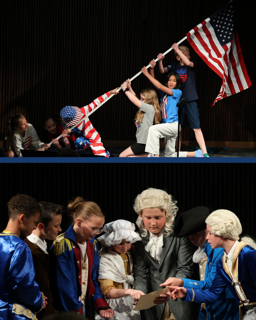 A collage of two images from the DSD America 250 Celebration. One is of students holding up a flag, the other is of students acting out the signing of the declaration of independence.