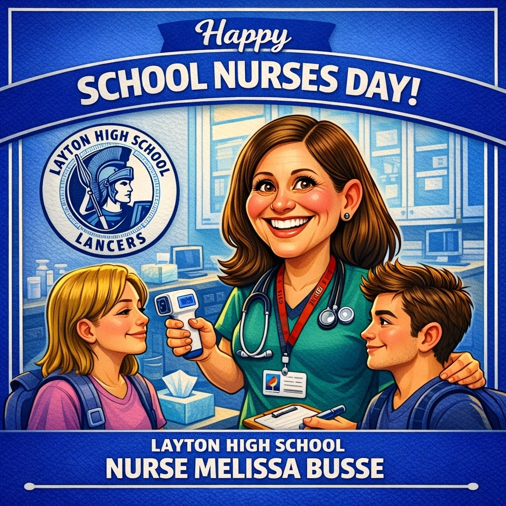 an AI generated caricature of Nurse Melissa Busse talking care of a boy and girl student in a Layton High Background 