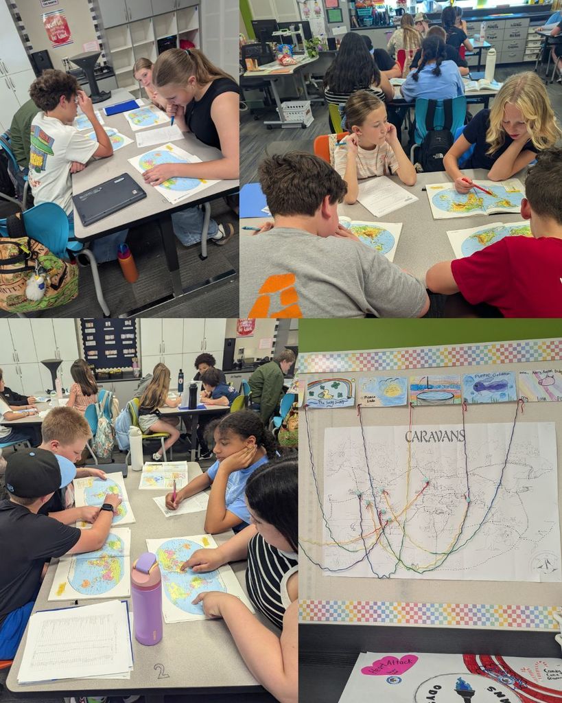 A collage of sixth grade students working together during a geography activity in class. Students sit in caravan teams using maps and worksheets to answer geography questions and earn travel points. One photo shows a classroom display with colorful strings tracking each team’s travels around the world.