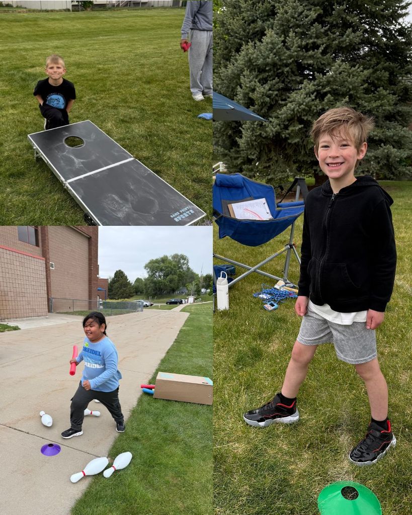 A collage of students participating in the Unified Yard Game Olympics outside on the grass. Students are playing different yard games including cornhole and bowling challenges while smiling and cheering each other on during the event.