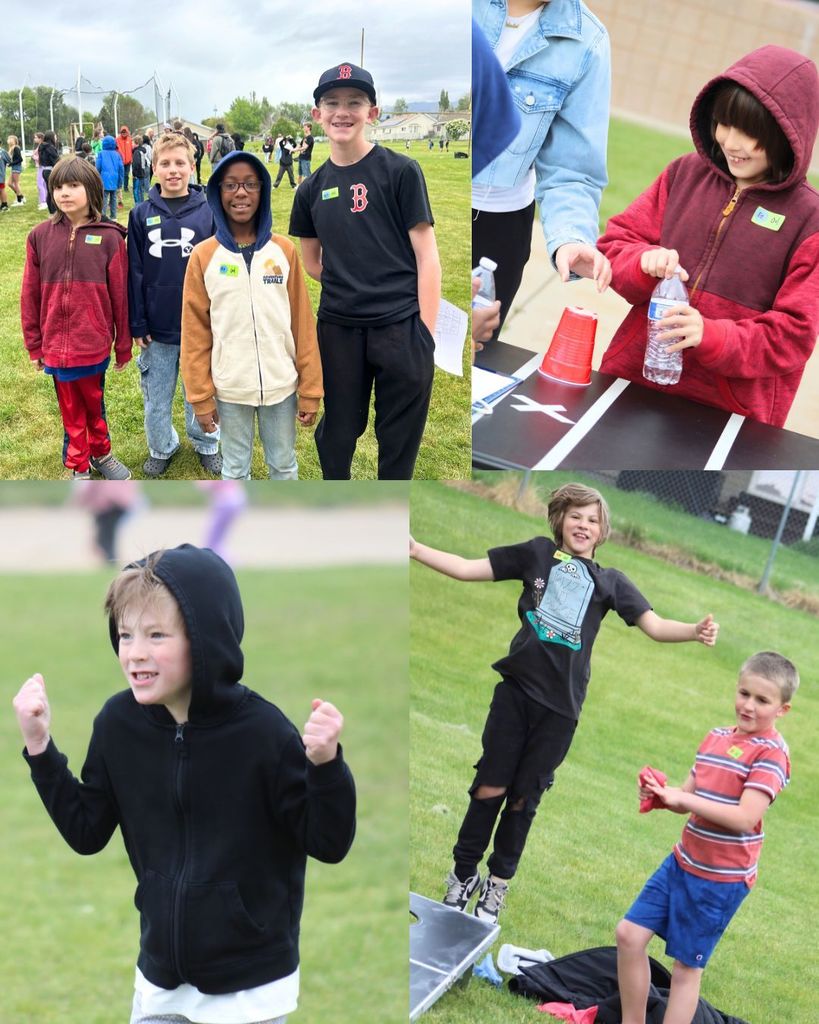 A collage-style graphic titled “Unified Olympics at Northridge High” with colorful banner decorations across the top. The collage features several students participating in outdoor games on a grassy field, including cheering, running, tossing frisbees, and playing team activities together.