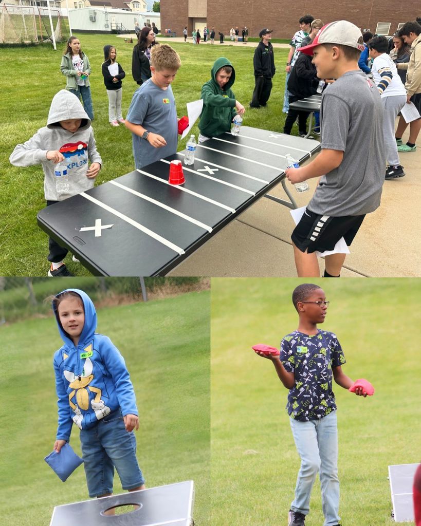 A collage-style graphic titled “Unified Olympics at Northridge High” with colorful banner decorations across the top. The collage features several students participating in outdoor games on a grassy field, including cheering, running, tossing frisbees, and playing team activities together.