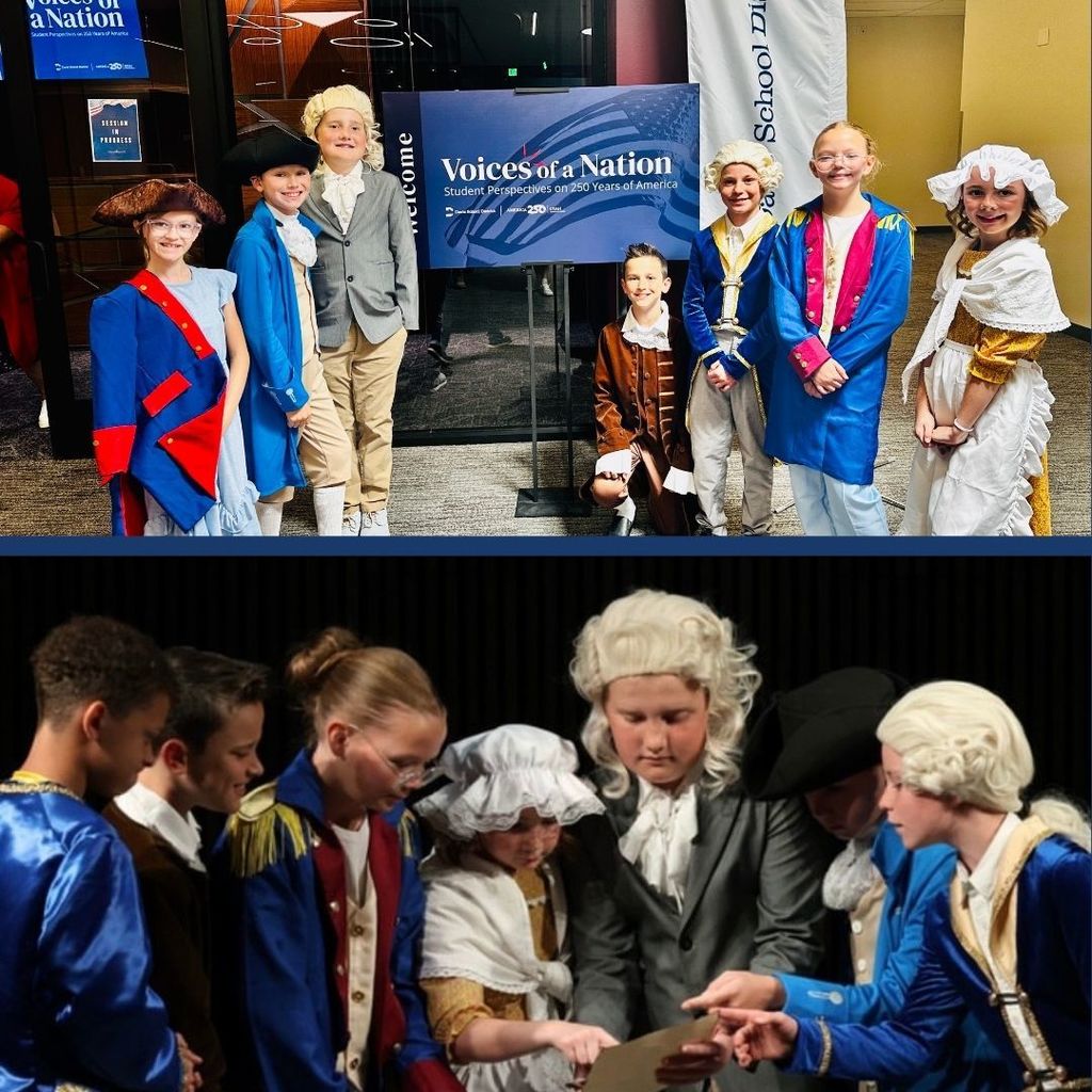 Students are dressed as revolutionary war figures and act out a play.