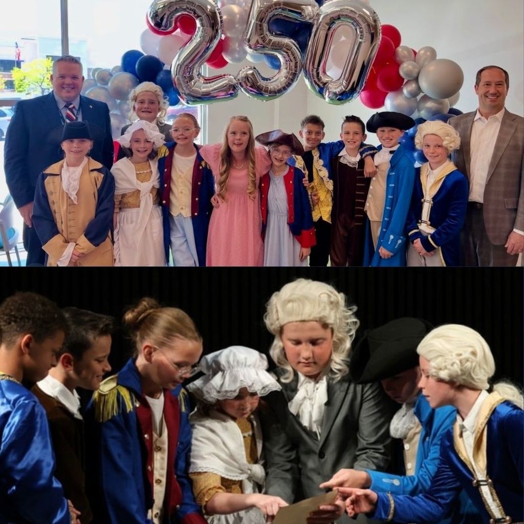 Students are dressed as revolutionary war figures and act out a play.